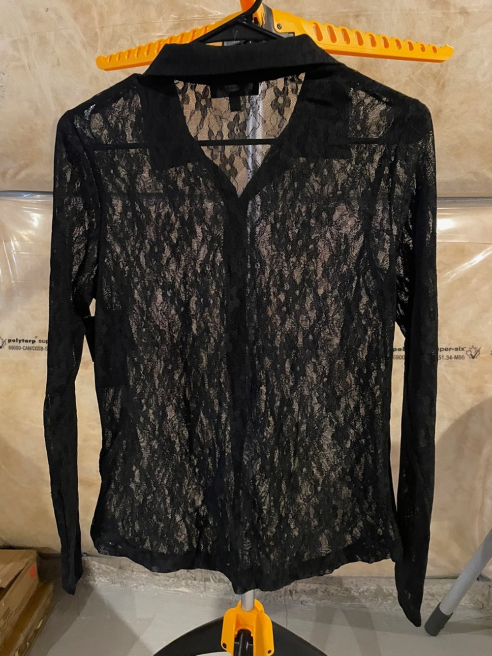 Black Lace Long-Sleeve Button-Front Top